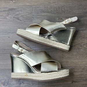 H by Halston Gold Leather Stella Slingback Wedge Espadrille Sandal, size 9.5W